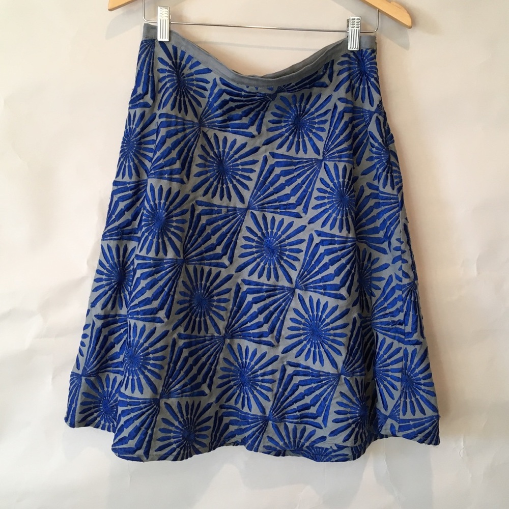 French Connection blue geometric embroidery A-line skirt 6